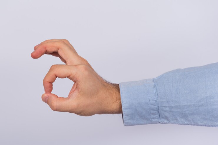 Foto mano masculina que muestra un signo bien con los dedos. bien gesto en el espacio en blanco.