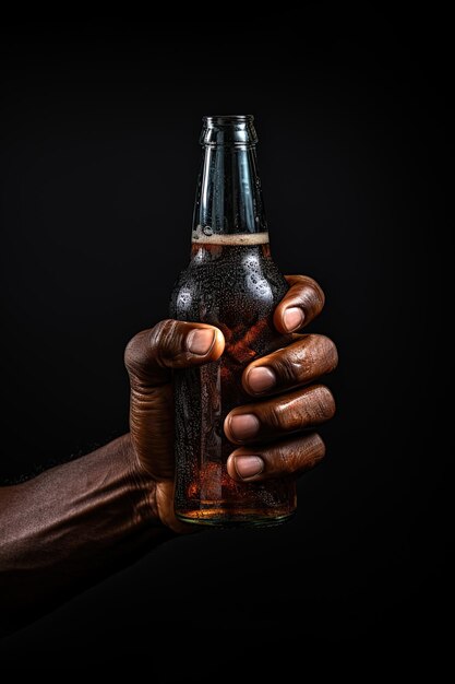 una mano masculina sosteniendo una botella de cerveza aislada en un fondo negro con espacio para copiar