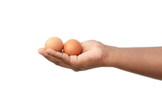 Una mano masculina sosteniendo dos huevos de gallina orgánicos frescos sobre un fondo blanco aislado