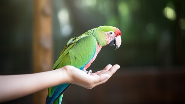 Una mano masculina sosteniendo un loro Día Mundial del Loro