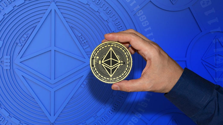 Foto una mano masculina sosteniendo una moneda ethereum sobre fondo azul. concepto de moneda crypto.