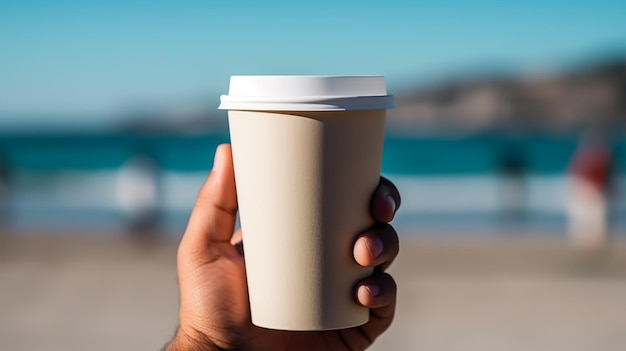 Mano masculina sosteniendo una taza de café de papel en el fondo azul