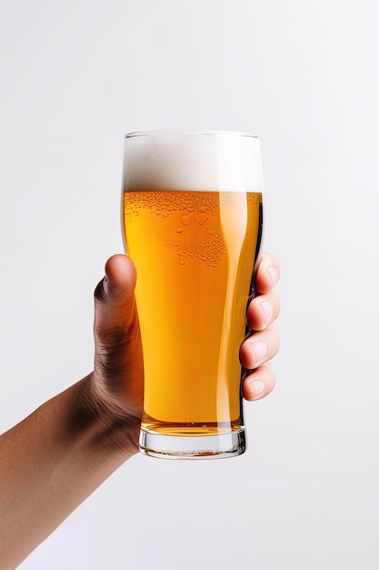 una mano masculina sosteniendo un vaso de cerveza aislado en un fondo blanco con espacio para copiar