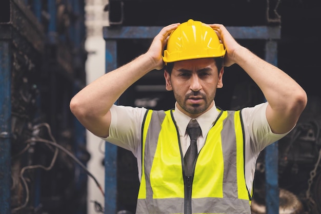 La mano masculina del trabajador ingeniero sosteniendo su cabeza por dolor de cabeza conmocionó los problemas en la fábrica