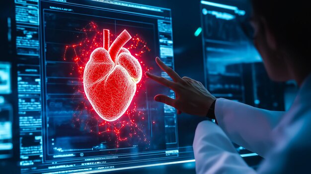 Una mano de un médico apunta a un corazón humano Rayos X en un monitor IA generativa