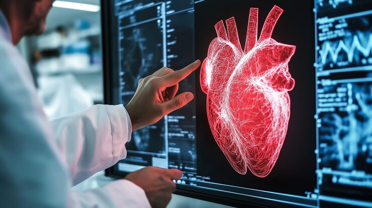 Una mano de un médico apunta a un corazón humano Rayos X en un monitor IA generativa