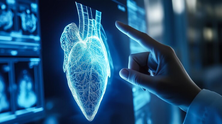 Una mano de un médico apunta a un corazón humano Rayos X en un monitor IA generativa