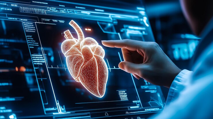 Una mano de un médico apunta a un corazón humano Rayos X en un monitor IA generativa