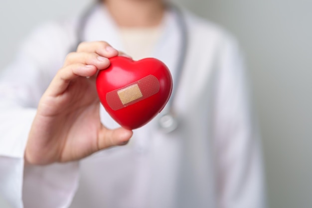 Foto mano del médico con forma de corazón rojo en el hospital amor donante día mundial del corazón día mundial de la salud rse donación y conceptos de seguros