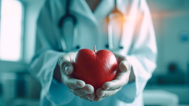 La mano del médico sosteniendo una forma de corazón rojo en un hospital donante de amor día mundial del corazón concepto de seguro de salud IA generativa