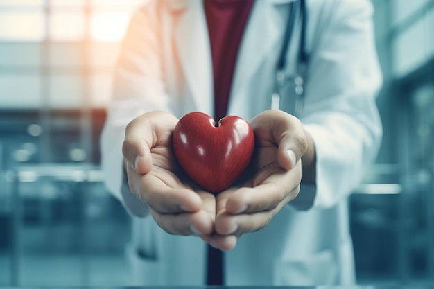 Mano del médico sosteniendo una forma de corazón rojo en una ilustración del hospital Ai generativo