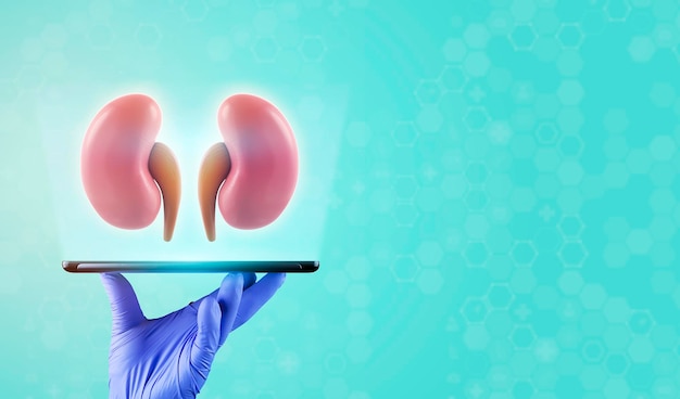 La mano del médico sostiene una tableta y los riñones se proyectan concepto de donación de riñón