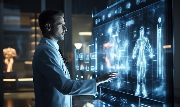 La mano del médico tocando la interfaz de pantalla virtual del holograma moderno de las exploraciones de rayos X