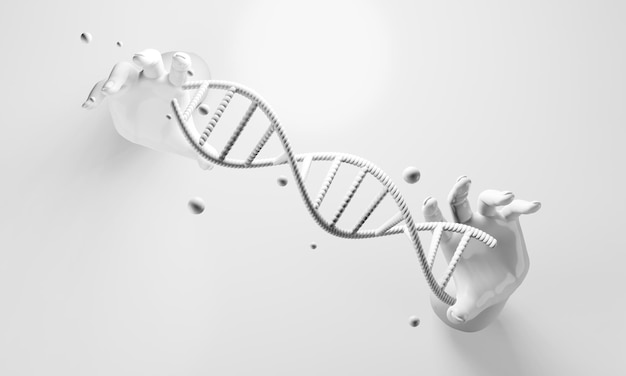 Mano con moléculas de hélice humana de adn investigación celular de la ciencia biológica hombre con estructura de sangre genoma representación de ilustración 3d
