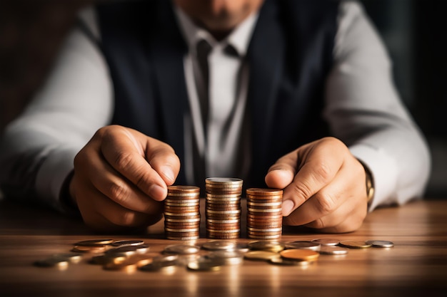 Foto mano con monedas en la mesa concepto de ahorro de dinero