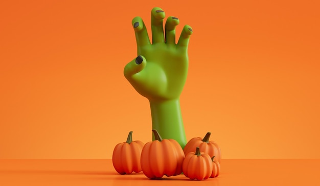 La mano del monstruo zombi de Halloween se extiende desde las calabazas fondo de Halloween d renderización