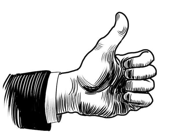 Mano mostrando el pulgar dibujado a mano en blanco y negro