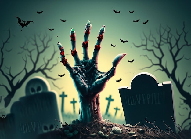 Mano muerta de Halloween que sale del suelo en el cementerio