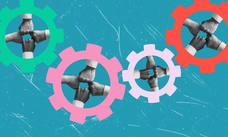 Foto la mano mueve los engranajes hacia adelante creando soluciones empresariales efectivas un collage de arte moderno
