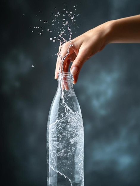 la mano de la mujer abriendo una botella con agua gaseosa con salpicaduras y muchas gotas en fondo gris