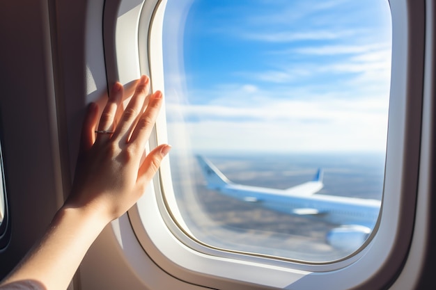 La mano de la mujer abriendo la ventana del avión y la vista de las nubes