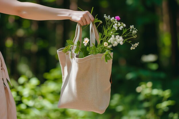 Foto la mano de la mujer agarra bolsas con flores frescas que sobresalen