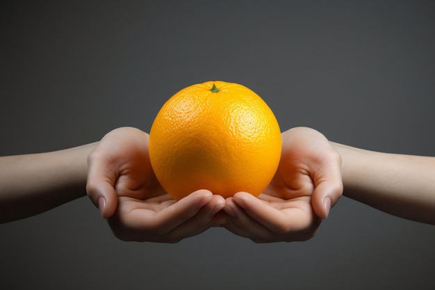 Foto la mano de la mujer apretando la naranja aislada en el espacio de copia gris