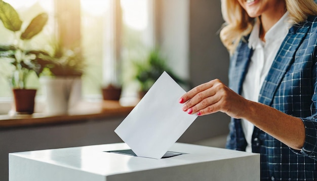 La mano de la mujer arroja la boleta a la caja de votación que simboliza la libertad y la participación democrática con co