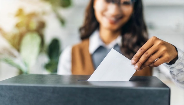 La mano de la mujer arroja la boleta a la caja de votación que simboliza la libertad y la participación democrática con co