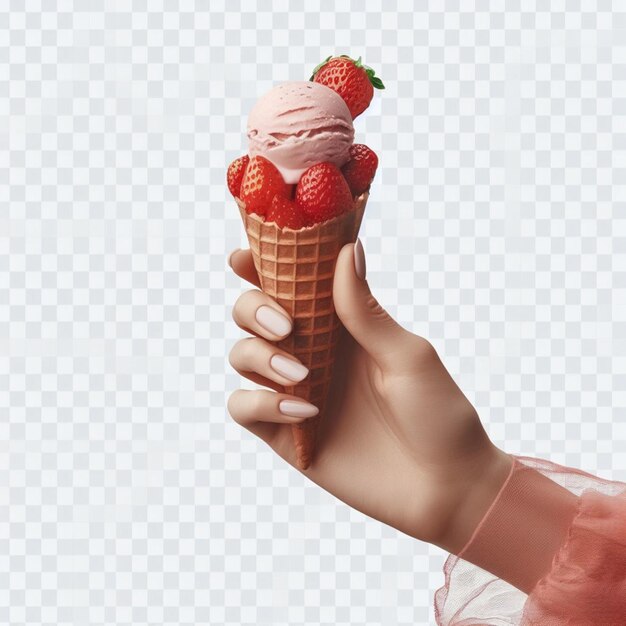 La mano de una mujer de Berry Bliss sosteniendo un helado de verano en un cono de gofres.