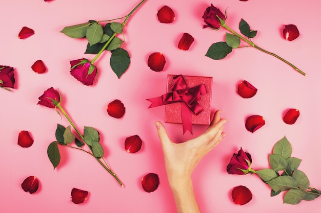 Mano de mujer buscando un regalo en caja roja sobre fondo rosa cubierto de rosas rojas y pétalos, romántico plano