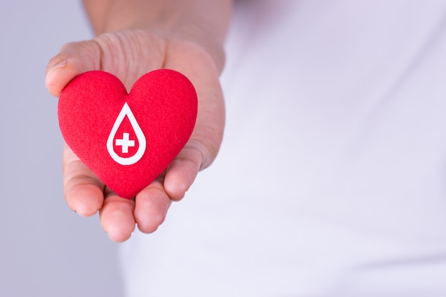 Mano de mujer con corazón rojo con signo de donante de sangre hecho de papel blanco por concepto de donación de sangre