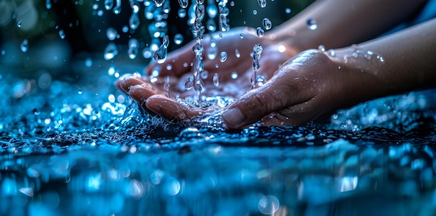 Foto la mano de la mujer bajo la corriente de agua