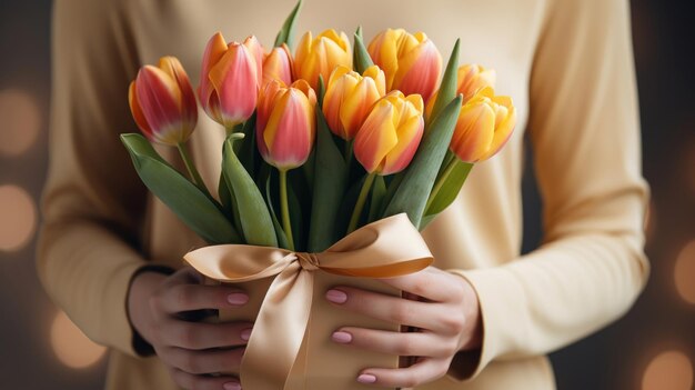 La mano de la mujer da un regalo con tulipanes para una niña