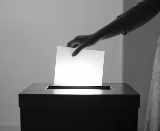 La mano de una mujer deja caer una boleta de voto brillante en la urna de votación