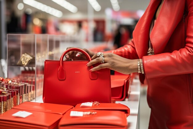 La mano de la mujer eligiendo el bolso en las compras