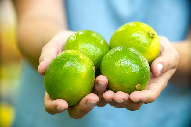 Foto mano de mujer eligiendo limones en el supermercado.