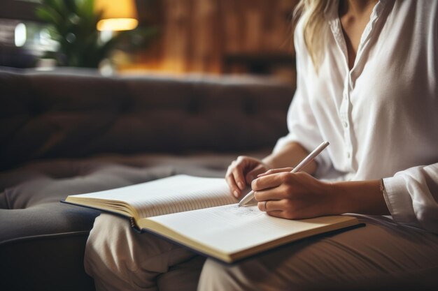 La mano de la mujer escribe un diario en un libro