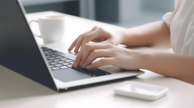 mano de mujer escribiendo en la computadora portátil con fondo borroso