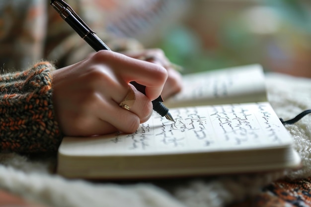 Foto la mano de una mujer escribiendo en un libro de leche