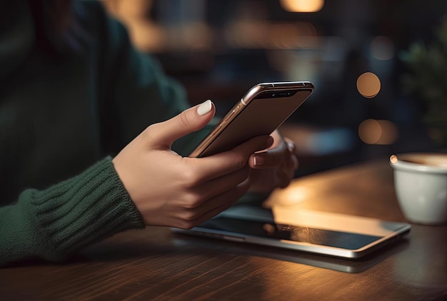 Mano de mujer escribiendo mensajes móviles en el teléfono inteligente de pantalla