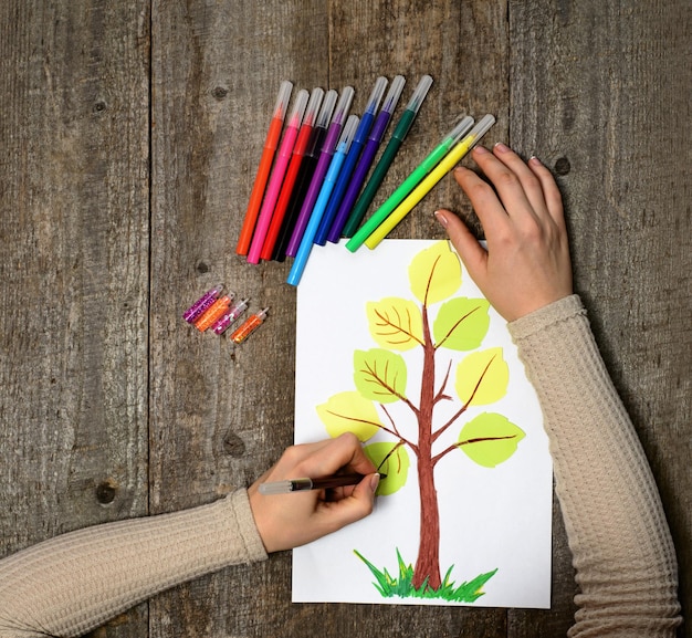 La mano de la mujer está dibujando con hojas de marcador en una vista de la copa de un árbol