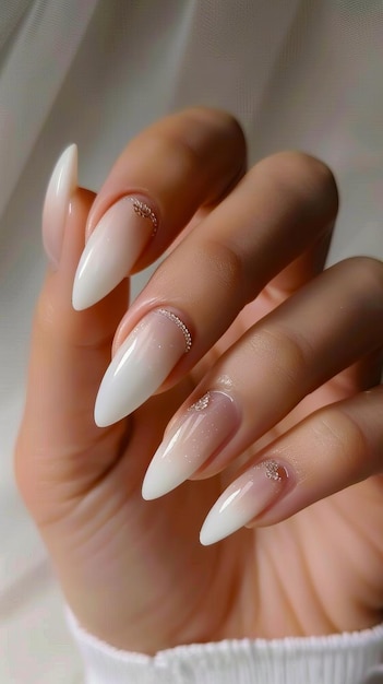 Foto la mano de una mujer con uñas de estilete blancas y blancas