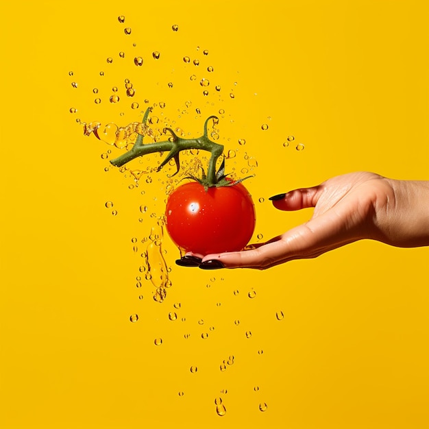 La mano de la mujer exprime el tomate y las gotas de jugo de tomate vuelan sobre el fondo