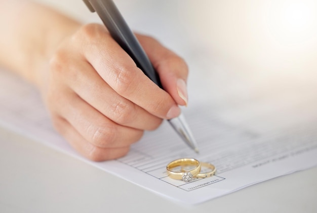 Mano de mujer firmando un acuerdo legal de documentos de divorcio o un contrato en papel en una oficina de abogados con un anillo colocado en la mesa Persona que escribe la firma en el papeleo de matrimonio después de un acuerdo en la oficina de derecho familiar