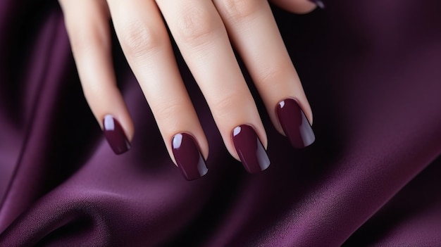 Foto mano de mujer glamurosa con esmalte de uñas de bayas y ciruelas profundas en las uñas manicure de uñas con gel esmalte