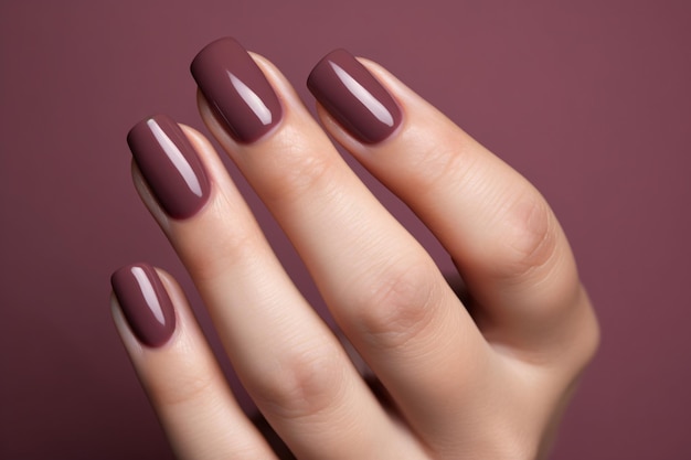 Mano de mujer glamurosa con esmalte de uñas de bayas y ciruelas profundas en las uñas Manicure de uñas con gel esmalte