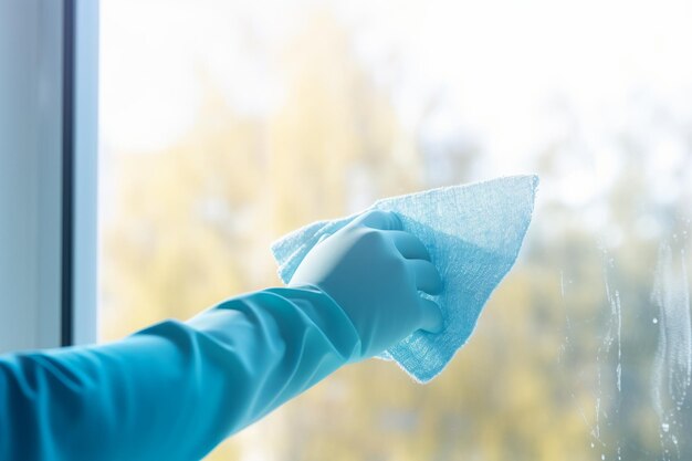 La mano de una mujer con un guante azul limpia la ventana con un paño de microfibra