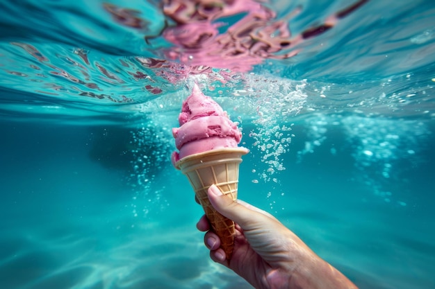 La mano de la mujer con el helado en un cono de waffle bajo el agua en una piscina concepto de vacaciones de verano