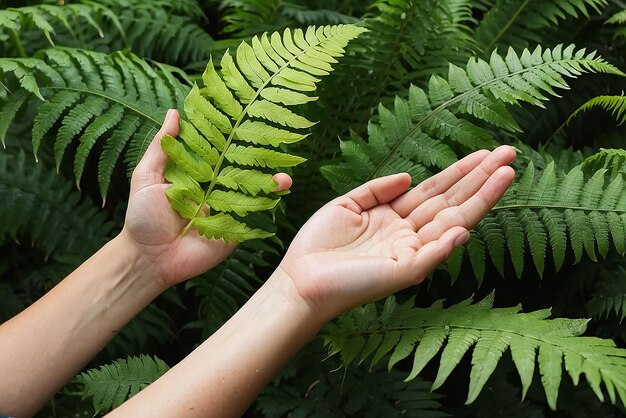 Una mano de mujer y una hoja de helecho Hombre y naturaleza